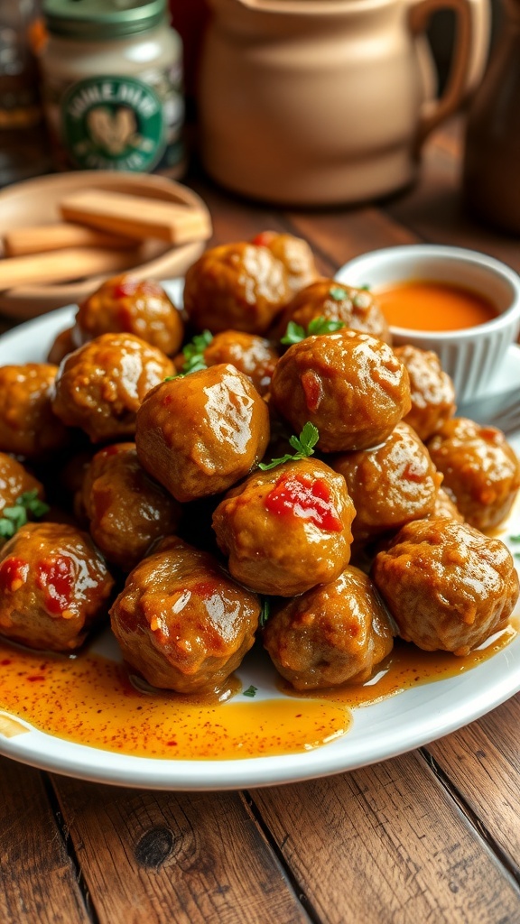 Savory meatballs on a plate, garnished with herbs, with a bowl of dipping sauce on a wooden table.